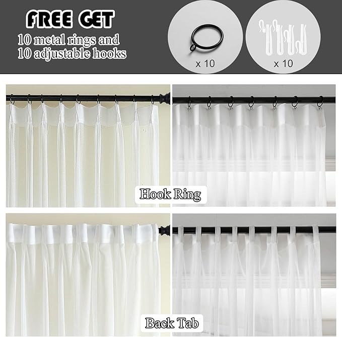 Off White Pinch Pleated Sheer Curtains 90 Inches Long 1 Panel, 50 Inch Width, Thin Textured Linen Look Sliding Glass Door Curtain, Rustic Living Room Drapes, Window Treatments Decor