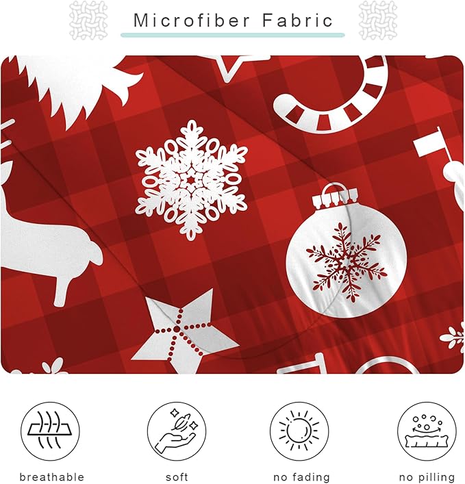 Christmas Plaid Comforter Set: Full Size Cartoon Red Xmas Bedding Sets for Teens Kids Women Christmas Tree Snowflakes Snowman Elk 3 Piece Quilt Bed Set 1 Comforter & 2 Pillowcases