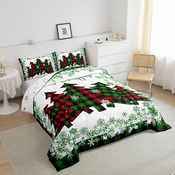Castle Fairy Christmas Comforter Set Queen Size,Pine Trees Green Snowflake Glitter Shiny Bedding Set for Women Adult,Winter Festival Plaid Checkered Luxury Bed Duvet Insert, 2 Pillowcases