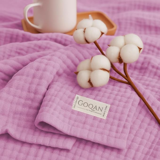 Goqan Muslin Blanket Queen 79x90 – 100% Cotton 4 Layer Boho Muslin Blanket for Adults, Lightweight, Soft, Breathable for Bed,Couch - Pink