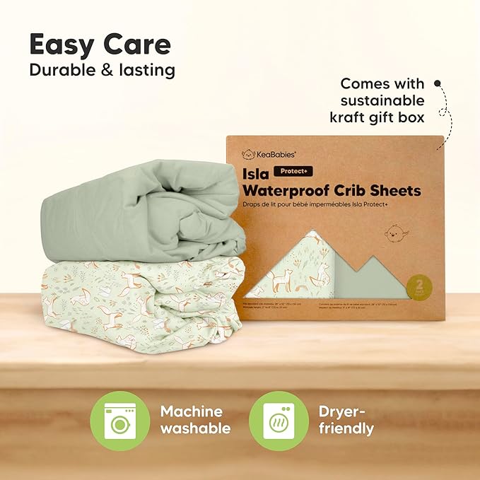 2-Pack Waterproof Baby Crib Sheets for Boys, Girls - 52x28 Viscose Derived from Bamboo Toddler Bed Sheet Neutral, Fitted Crib Mattress Protector Cover for Baby Bedding, Soft & Gentle (Foxtrot)