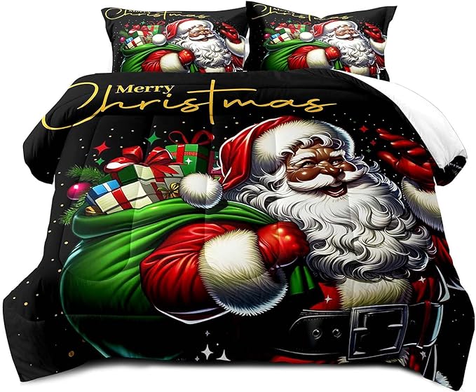 LUVIVIHOME 2PCS Merry Christmas Comforter Set Twin Size, African American Black Santa Claus Bedding, Winter Xmas Funny Christmas Bedroom Decor for Kids Boys Girls Teens, Xmas Gifts, 1 Pillow Sham