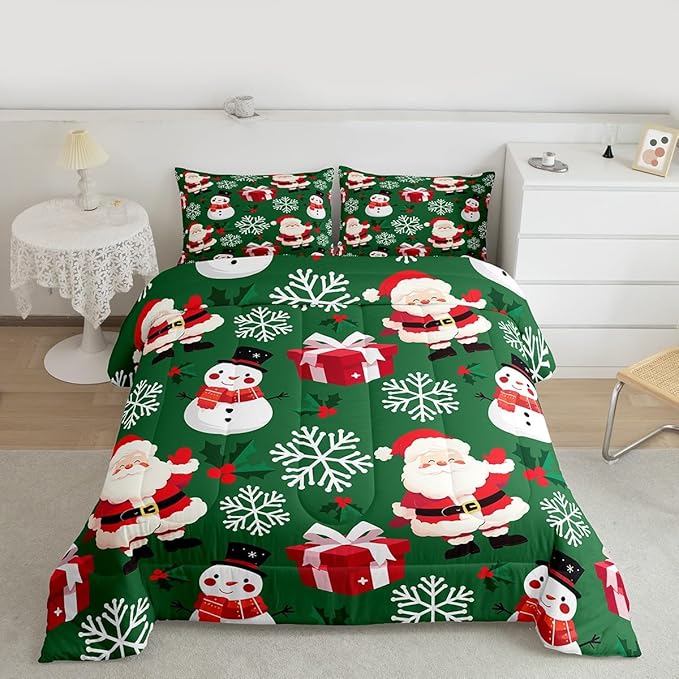 jejeloiu Merry Christmas Comforter Set Toddler Size Xmas Santa Claus Bedding Set for Kids Boys Girls Cute Snowman Duvet Quilt Green Bedroom Decor