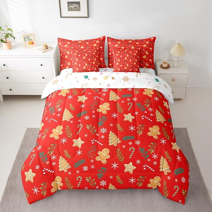 Feelyou Christmas Tree Comforter Set Queen Size 7 Pieces Cute Gingerbread Man Bedding Set for Kids Boys Girls Red Botanical Bed in a Bag Reversible Xmas Decor Bedroom Quilted Breathable Soft