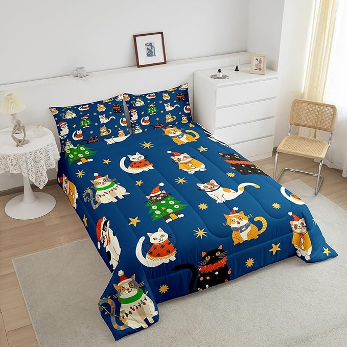 Erosebridal Merry Christmas Kids Cartoon Bedding Set Twin Size Cute Cat Comforter Set Xmas Tree Quilts for Teens Boys Girls Room Decor,Kawaii Animals Duvet Insert,Blue