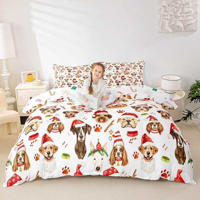 Christmas Kids Bedding Set Cartoon Puppy Dogs Xmas Theme Bedding Duvet Cover Set for Boys Girls New Year Decor Comforter Cover Set Animal Pattern Bedspread Cover Bedroom Quilt Cover 3Pcs King Size