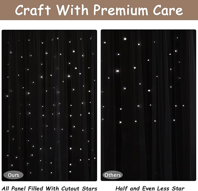 Kinryb Kids Blackout Curtains for Bedroom/Living Room/Classroom, Sheer Overlay Extra Long 2 Panel Set, Double Layer Curtains with Star Cutout for Kids Room(W 52 x L 108 Inches,Coffe 2 Pcs)