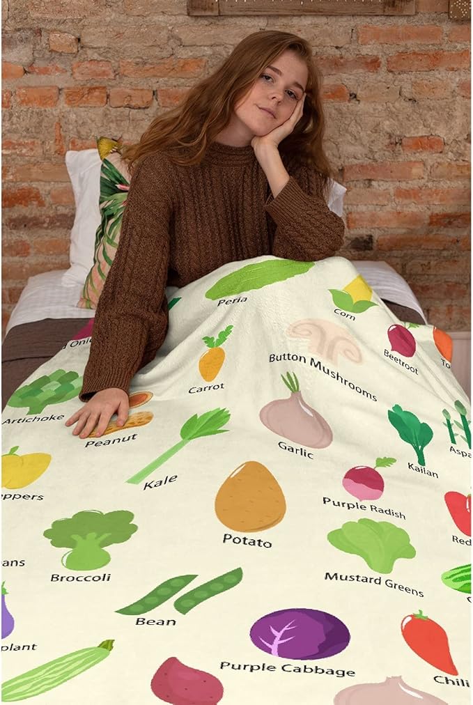 Thuswarm Colorful and Various Vegetables Flannel Blanket for Autumn Winter Gifts Warm Cozy Soft Funny Print Throw for Bed Couch Sofa 120”×90” Extra Large for Family