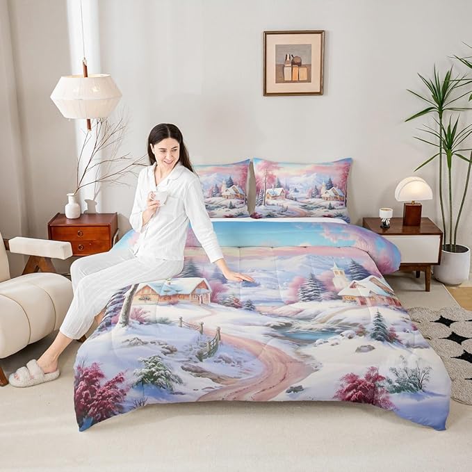 Feelyou Merry Christmas Kids Comforter Set Full Size Village Barn Bedding Set Winter Snowscape Duvet Quilt for Kids Boys Girls Bedroom Pine Tree Decor Microfiber Ultra Soft Breathable