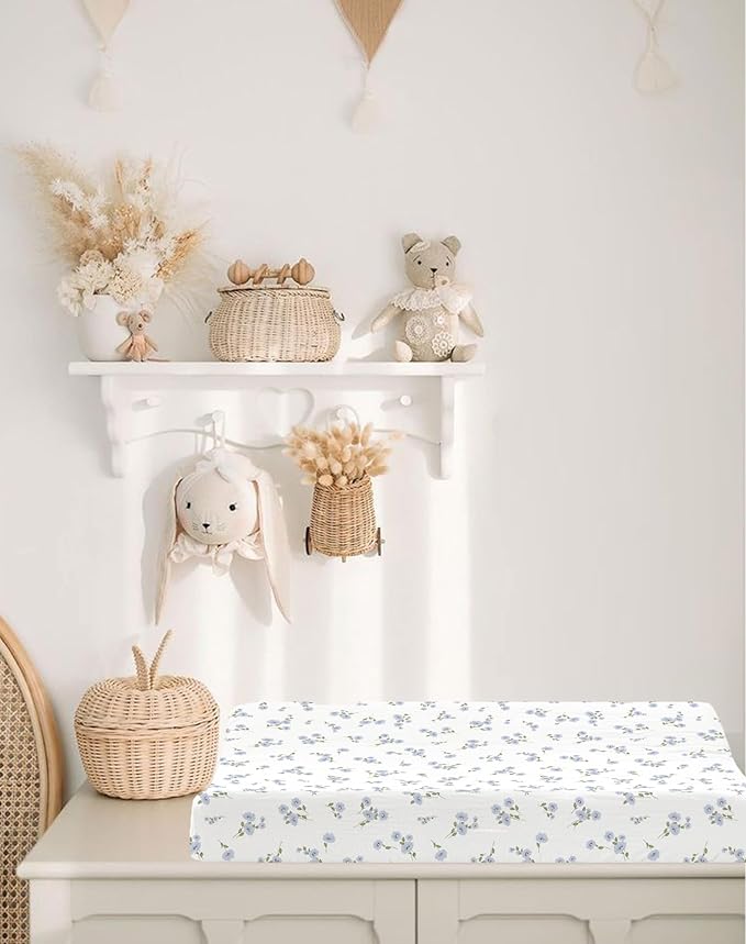 Changing Pad Cover for Baby Boy Girl 2 Pack, Muslin Changing Table Pad Covers with Boho Style, Neutral Nursery Bedding Essentials Soft and Breathable (Bluebell Bloom & Light Blue)