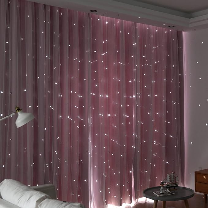 Kinryb Princess Curtains for Girls Bedroom with Sheer Overlay,Double Layer Curtain for Living Room with Star Cutout, Curtains for Kids Room (52 W*63 L Inches,2 Pcs Pink)