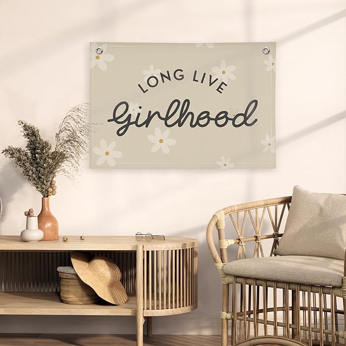 Boho Girls Room Decor，Long Live Girlhood Linen Banner Hanging Flag Flower Daisy Banner for Nursery Playroom Wall Decor Kids Bedroom Dorm Toddler Decorations Trendy Room 30x20 girlroom