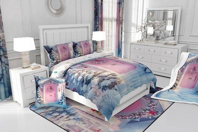 Feelyou Merry Christmas Kids Comforter Set Queen Size Winter Snowscape Bedding Set Pink Door Duvet Quilt for Kids Boys Girls Bedroom Garland Xmas Tree Decor Microfiber Ultra Soft Breathable
