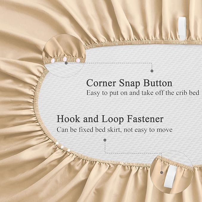 SiinvdaBZX 2-Piece Set Satin Crib Sheets & Crib Bed Skirt, 52" x 28" Silky Soft Ruffled Baby Crib Skirt with Adjustable Elastic 14" Drop, Fit for Standard Crib & Toddler Bedding (Beige)