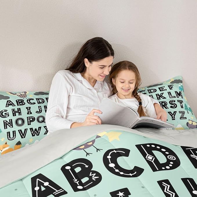 Feelyou Alphabet Kids ABC Learning Comforter Set All Season Cute Fox Bedding Set with 1 Pillow Cases Educational Nursery Art Kids Toddler Bedclothes Woodland Animals Bedroom Decor Duvet Quilt
