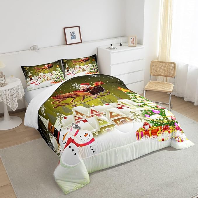 Manfei Christmas Comforter Set Queen Size, Xmas Tree Snowman Quilt Set with 2 Pillowcases, Santa Claus with Deer Bedding Set 3pcs for Kids Boys Girls Room Decor New Year Theme Duvet Insert