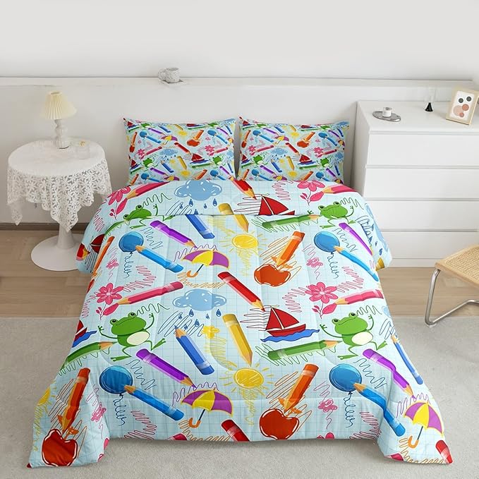 Feelyou Kids Cartoon Pencil Comforter Set Full Size, Colorful Nursery Bedding Set Cute Crayon Comforter for Kids Boys Girls Funny Art Printed Duvet Set Durable Bed Set 3Pcs