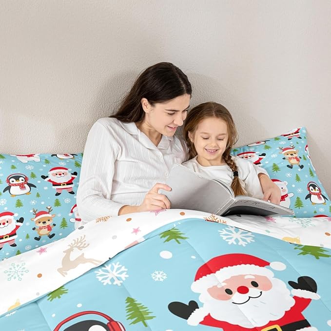 Feelyou Christmas Comforter Set Full Size Santa Claus Bedding Set for Kids Boys Girls Penguin Deer Duvet Quilt Xmas Snowflake Tree Bedroom Decor Microfiber 3 Pcs with 2 Pillow Cases