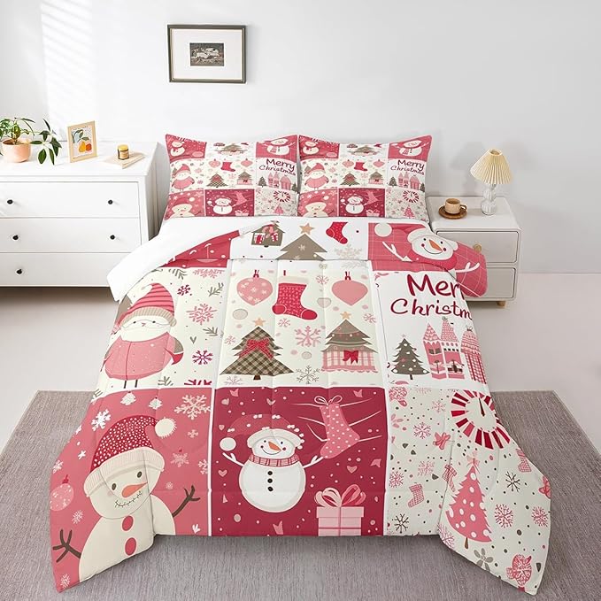 Christmas Tree Bedding Set Full Size,Merry Christmas Comforter Set for Kids Boys Girls Room Decor,Snowman Christmas Tree Snowflake Duvet Insert 3Pcs,Cartoon Plaid Patchwork Quilt Set,2 Pillowcases