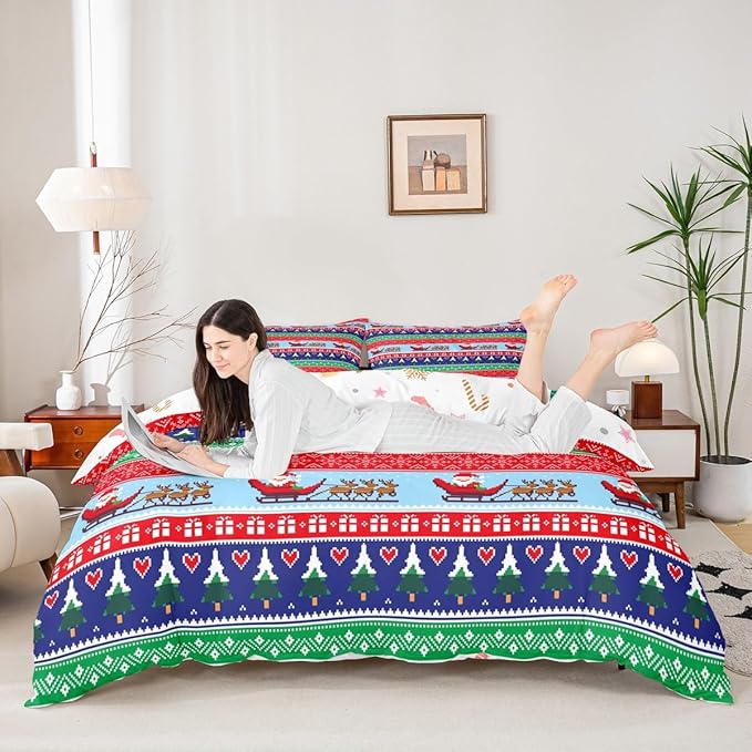 Feelyou Christmas Duvet Cover Cartoon Santa Claus Deer Bedding Set for Kids Boys Girls Teens Room Decor Christmas Tree Comforter Cover Set Exotic Ethnic Pattern Bedspread Cover 2Pcs Zipper Twin Size