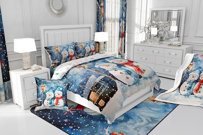 Feelyou Christmas Kids Comforter Set Full Size Blue Watercolor Snowman Bedding Set Xmas Winter Duvet Quilt for Kids Boys Girls Bedroom Snowflake Decor Microfiber Ultra Soft Breathable