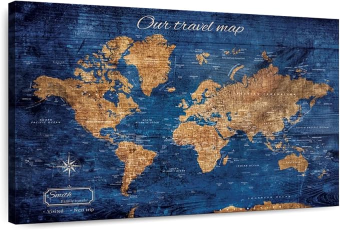 ElephantStock - Personalized Our Travel I Push Pin World Map Wall Art - Horizontal Canvas Wall Art - Living Room Wall Decor - Digital Art Map Canvas Art - Brown And Blue Decor - 39" x 26"