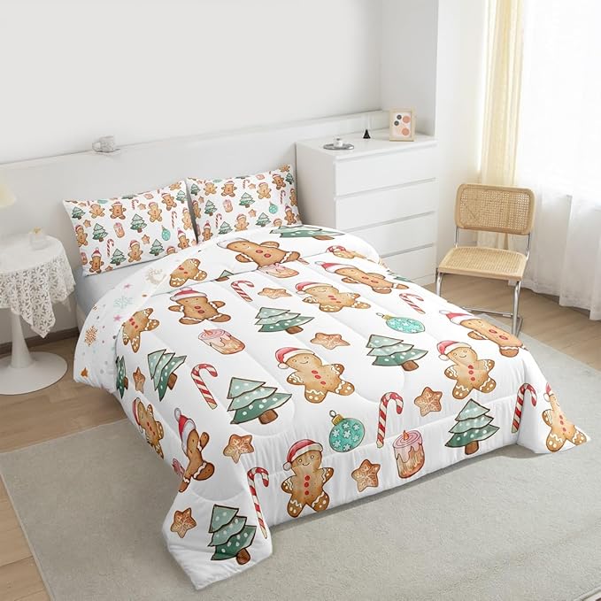 Feelyou Pink Gingerbread Comforter Set Twin Size Christmas Bedding Set for Kids Boys Girls Candy Cane Duvet Quilt Xmas Bedroom Decor Microfiber 2 Pcs with 1 Pillow Cases