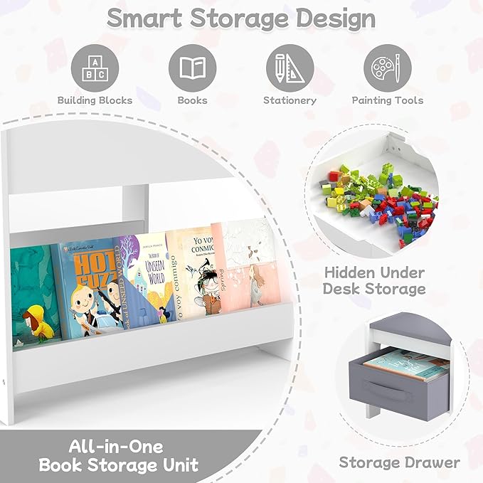 Kids Table and Chair Set, 4 in 1 Wooden Activity Table with Detachable Tabletop, Toddler Table and Chair Set with Storage Drawer/Bookshelves, Kids Play Table for Art, Drawing, Eating, Reading