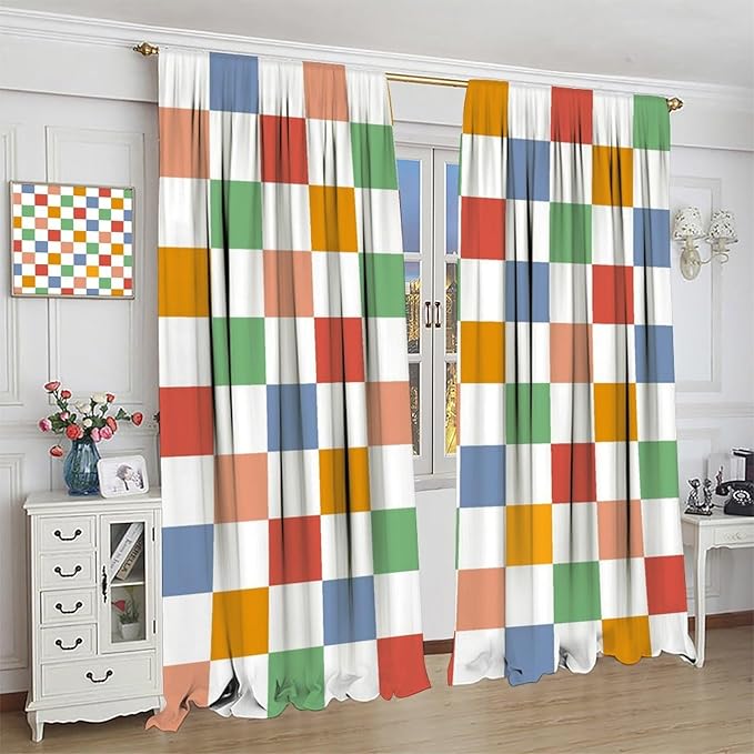 Retro Checkered Curtains,70s Vintage Twisted Checkered Window Drapes Colorful Groovy Trendy Wavy Hippie Grid Print Window Treatments for Kids Girls Bedroom Living Room Bathroom 55" W X 63" L