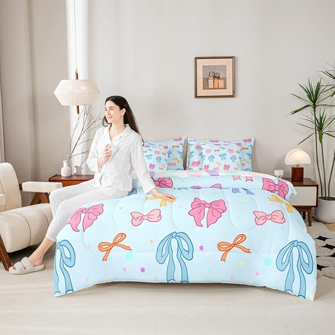 Cartoon Bowknot Kids Comforter King Size,Bow Tie Cute Princess 7 Pcs Bedding Set,Geometric Dot Silk Ribbon Patchwork Room Decor,Pink Blue Dreamy （Fitted+Sheet+2 Pillowcases+2 Throw Pillow Covers）