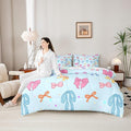 Cartoon Bowknot Kids Comforter King Size,Bow Tie Cute Princess 7 Pcs Bedding Set,Geometric Dot Silk Ribbon Patchwork Room Decor,Pink Blue Dreamy （Fitted+Sheet+2 Pillowcases+2 Throw Pillow Covers）