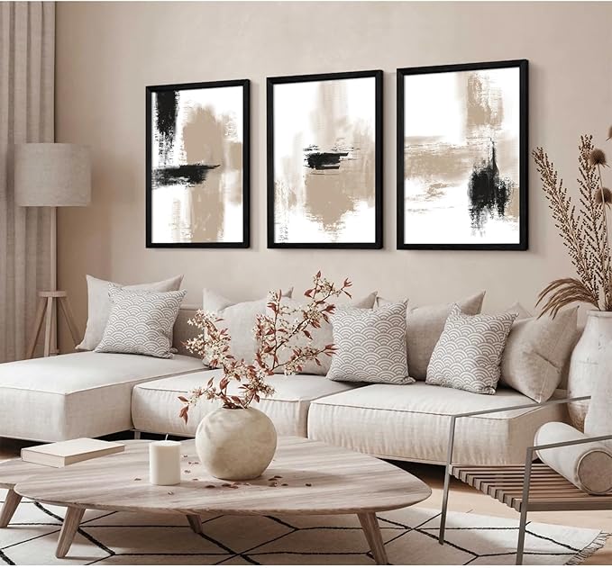 Beige Abstract Wall Art Painting Set of 3 Neutral Canvas Wall Art Prints Black Beige Modern Wall Decor Minimalist Art Pictures Abstract Modern Artwork for Room Bedroom 16x24 Inch Wood Framed