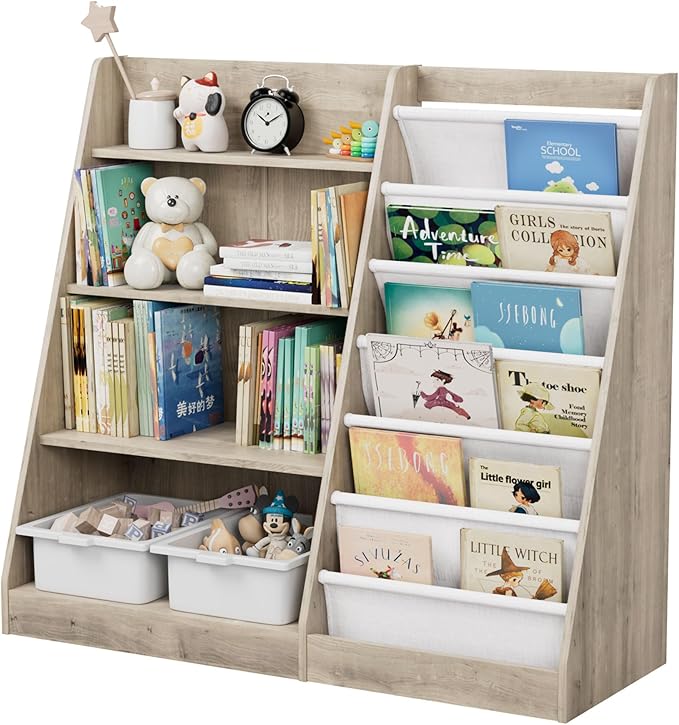 NACHES 4 Tier Kid Bookshelf Wooden 6 Sling Children Bookcase Toddler Montessori Book Rack Display Toy Storage Organizer Adjustable Book Shelf Classroom Bedroom Nursery Playroom (Grey Wood, Large)