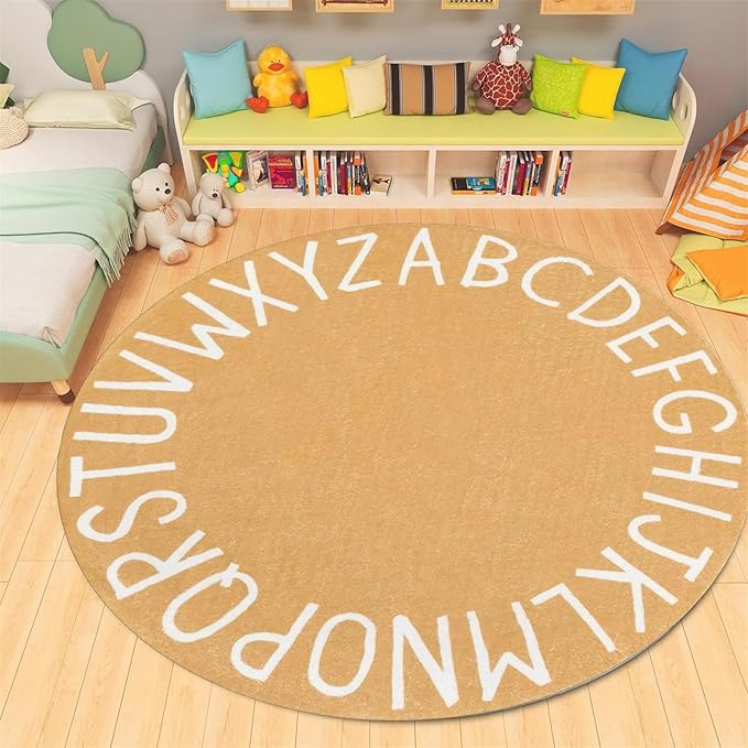 ABC Alphabet Round Rug,6ft Ultra Soft Fluffy Round ABC Rug Washable Non-Slip Baby Crawling Mat for Classroom Nursery Room Kids Room Decor