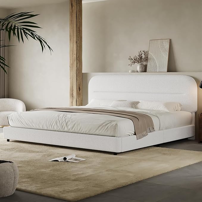 HOMBCK King Size Boucle Bed Frame, White Upholstered Platform Bed Frame King with Soft Headboard, Thickened Footboard, Rounded Corners, No Box Spring Required, Easy Assembly, White