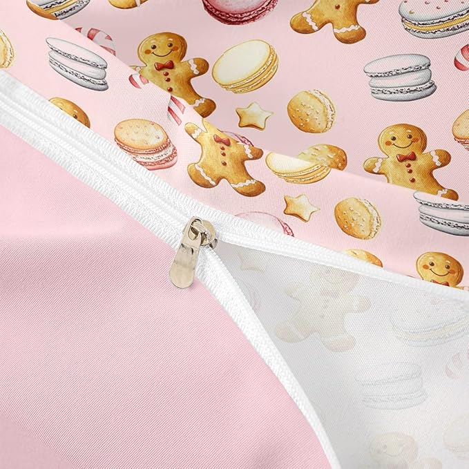 Feelyou Christmas Duvet Cover Twin Size Cute Christmas Gingerbread Man Comforter Cover for Boys Girls Xmas Sweet Macarons Bedding Set 2Pcs Reversible Pink Room Decor