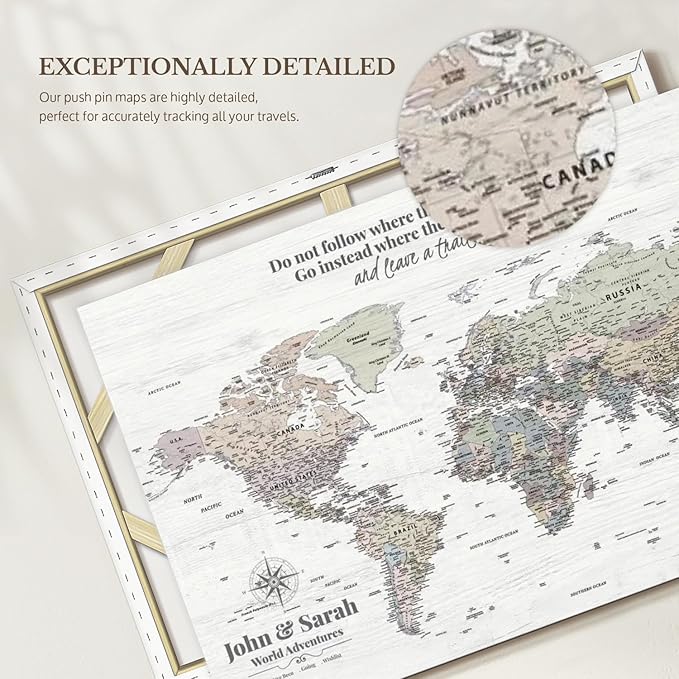 ElephantStock - Personalized Leave A Trail Iii Push Pin World Map Wall Art - Horizontal Canvas Wall Art - Living Room Wall Decor - Digital Art Map Canvas Art - White And Gray Decor - 39" x 26"