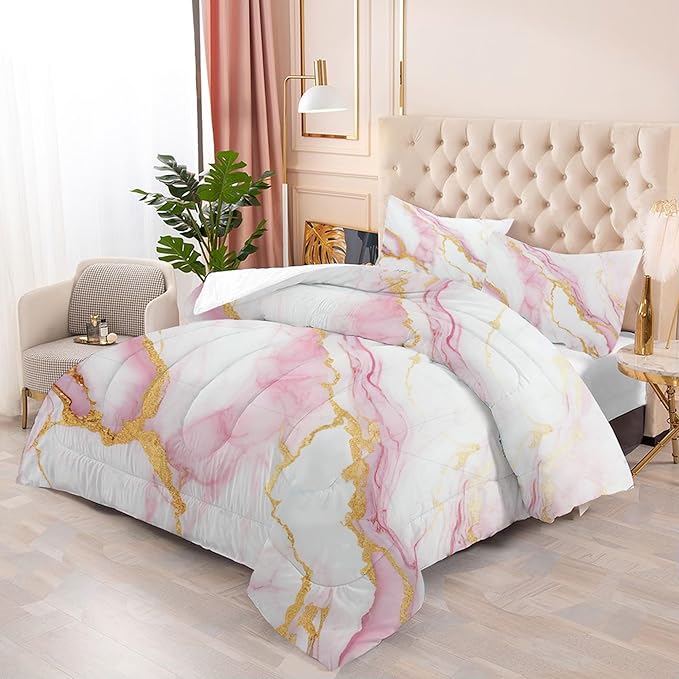 Comforter Set Pink Marble: Full Size Bedding Sets for Girls Teens Kids Women Luxury Gold Glitter Abstract Marbling Pastel Bed Set 1 Comforter & 2 Pillowcases