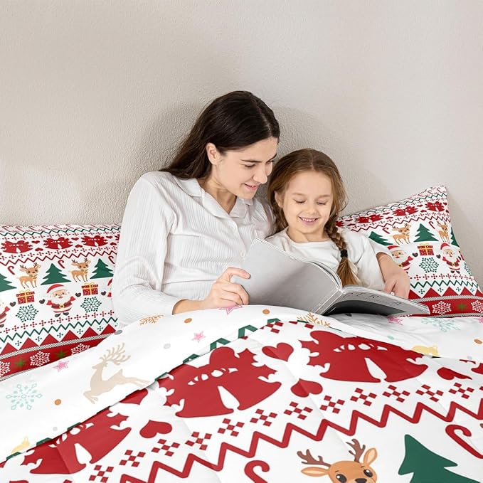 Feelyou Merry Christmas Comforter Set Full Size Santa Claus Bedding Set for Kids Boys Girls Cute Deer Duvet Quilt Snowflake Bedroom Decor Microfiber 3 Pcs with 2 Pillow Cases