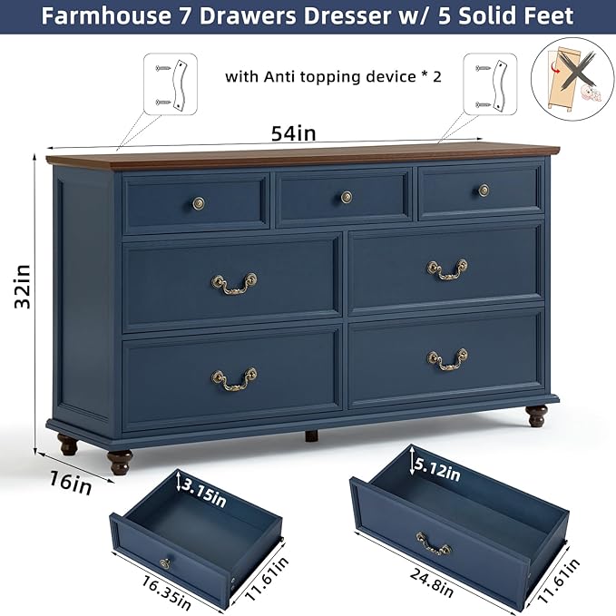 Farmhouse Dresser and Nightstand Sets, Wooden 7 Drawers Dresser & 24" Night Stand with 3 Drawers, 2 Piece Bedroom Furniture Set, Chest of Drawers for Bedroom, Home, Living Room, Hallway