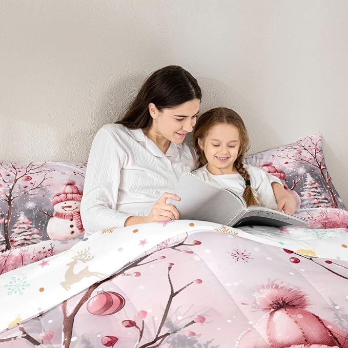 Feelyou Cute Snowman Comforter Set All Season Christmas Tree Bedding Set with 1 Pillow Cases Xmas Snowflake Microfiber Kids Toddler Bedclothes Pink Scarf Bedroom Decor Pink Winter Scene Duvet Quilt