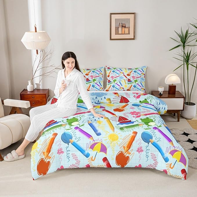 Feelyou Kids Cartoon Pencil Comforter Set Queen Size, Colorful Nursery Bedding Set Cute Crayon Comforter for Kids Boys Girls Funny Art Printed Duvet Set Durable Bed Set 3Pcs
