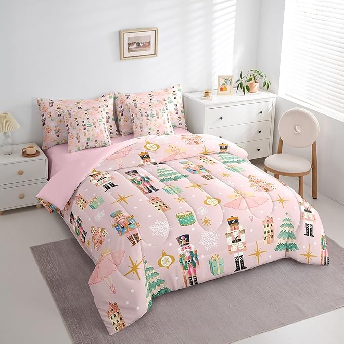 Erosebridal 7Pcs Pink Christmas Comforter Set Twin Size,Christmas Nutcracker Bedding Set,Dreamy Castle Princess Bed in A Bag,Xmas Galaxy Snow Quilt with Flat Fitted Sheet for Kids Boys Girls