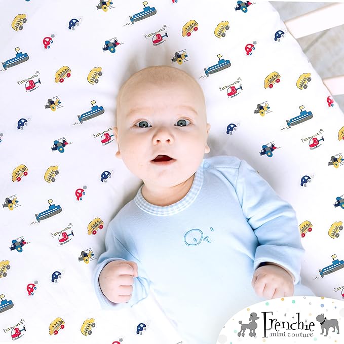 Frenchie Mini Couture, Cars, Boats, Planes Single Pack Fitted Crib Sheet – 100% Cotton, 28 x 52 x 8in