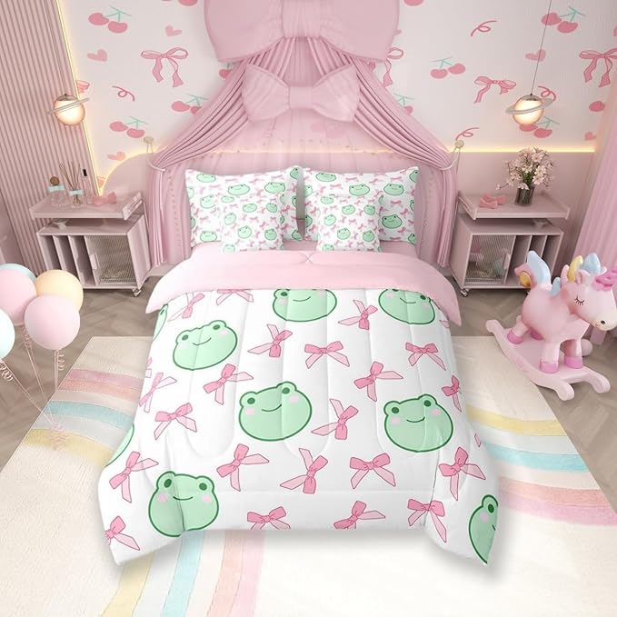 7 Pieces Pink Bowknot Comforter Set Queen,Cartoon Frog Bow Tie Butterfly Knot Princess Bedding Set,Geometric Patchwork Cute Sweet（Comforter+Fitted+Flat Sheet+2 Pillowcases+2 Throw Pillow Covers）
