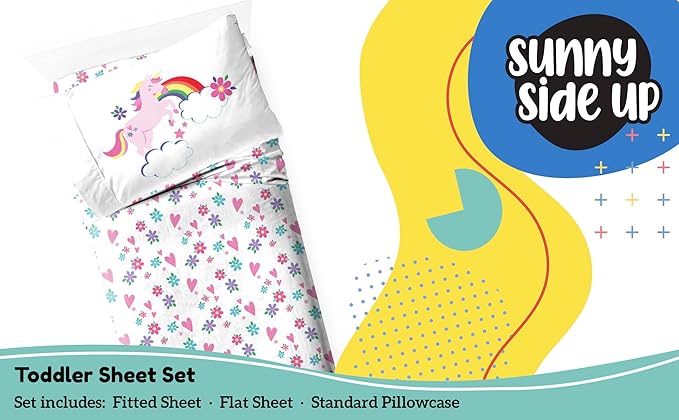 Sunny Side Up Rainbow Unicorns Toddler Sheet Set - 3 Piece Toddler Bedding Set Includes Pillow Cover - Super Soft Floral Hearts Microfiber Sheets