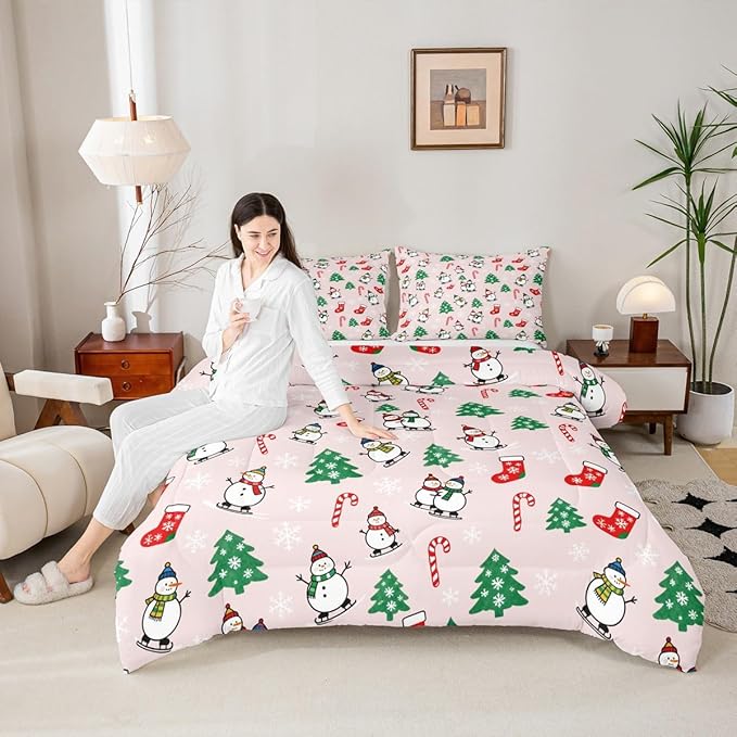 Feelyou Pink Christmas Comforter Set Twin Size Snowman Bedding Set for Kids Boys Girls Snowflake Duvet Quilt Xmas Tree Bedroom Decor Microfiber 2 Pcs with 1 Pillow Cases