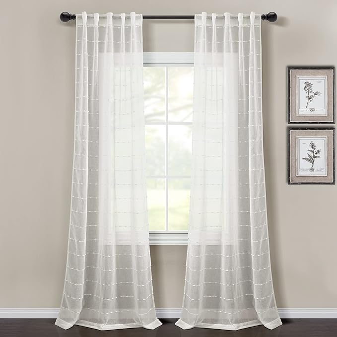 Lush Decor Farmhouse Textured Back Tab/Rod Pocket Sheer Window Curtain Panel Pair, 38"W x 84"L, White