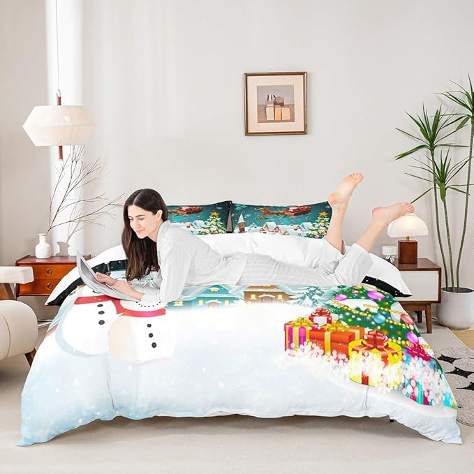Manfei Christmas Duvet Cover Set Twin Size, Xmas Tree Snowman Bedding Set for Kids Boys Girls, Santa Claus with Reindeer Comforter Cover New Year Theme Quilt Cover with 1 Pillowcase, No Comforter