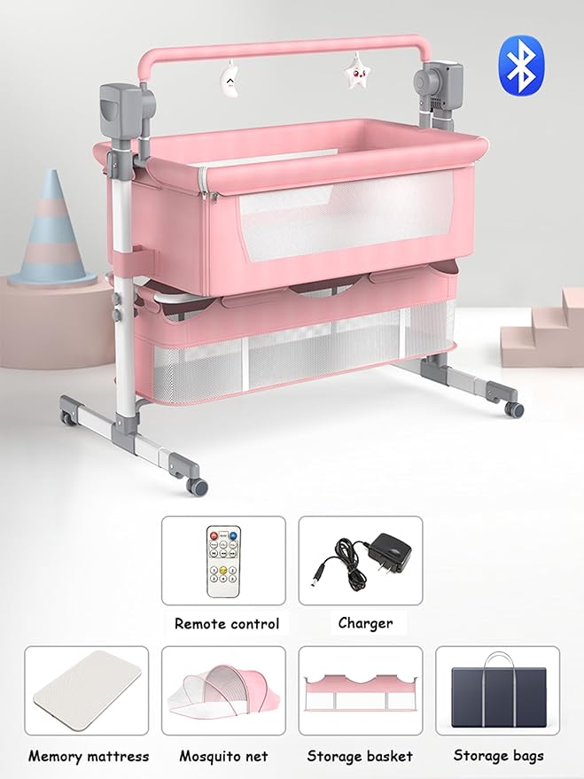 Electric Bluetooth Smart Baby Bedside Bassinet, Baby Bassinet Bedside Sleeper, Next to Me Crib with Wheels, Foldable Co-Sleeping Bed Bassinet for Newborn with 5 Swaying Gears and Remote (601 Pink)